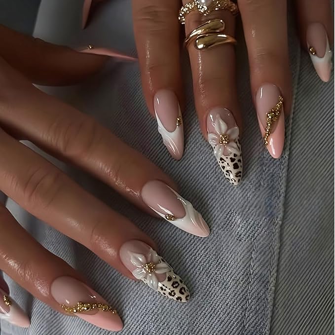 Long Press on Nails Stiletto Leopard Print Pink White French Tip Fake Nails Press ons Flower Golden Steel Balls Designs Cute Glossy Almond Glue on Nail for Women 24 Pcs