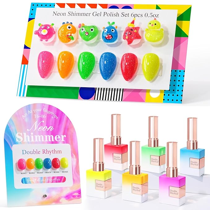 Double Rhythm 6 Pcs 15 ML Glitter Gel Polish Set Same Color Same Bottle Soak Off Gel Polish Kit Nail Art Manicure Salon DIY at Home (Shimmer Neon Yellow Orange Green Blue Pink-T6-86)