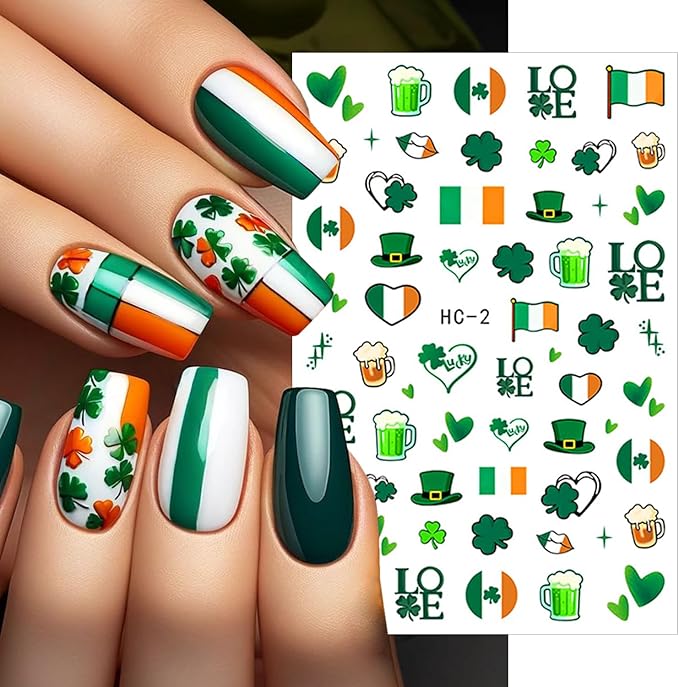 6 Sheets St Patricks Day Nail Stickers Lucky Rainbow Clover Nail Art Stickers Irish Flag Horseshoe Hat Beer Gold Coins Shamrocks Nail Decor 3D Self-Adhesive St. Patrick's Day Nail Decals for Women