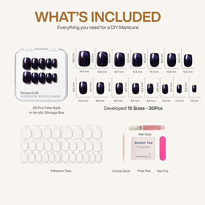Blue and Purple Cat Eye Press on Nails Short Square, Glue on Nails for Women Gift, French Tip Effect,Reusable Soft Gel Press on Acrylic Nail with Designs 30Pcs(Blue Purple)