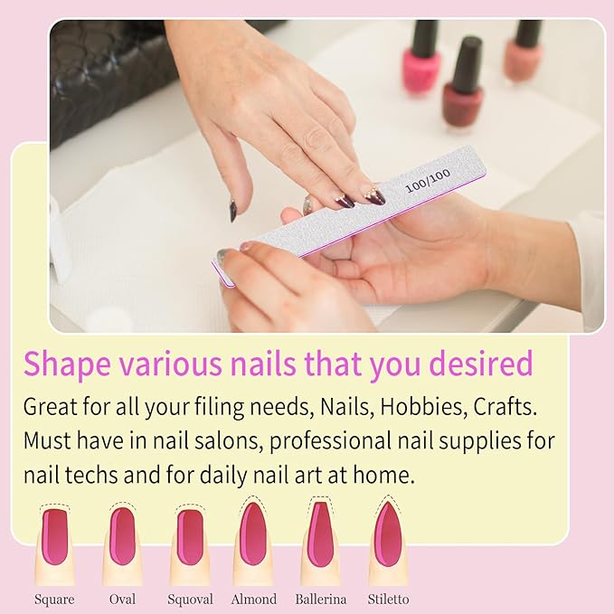 Nail Files 100/100 Grit Washable 25pcs Double Sides Nail File for Natural Nails and Poly Nail Extension Gel Fingernail Files for Nails