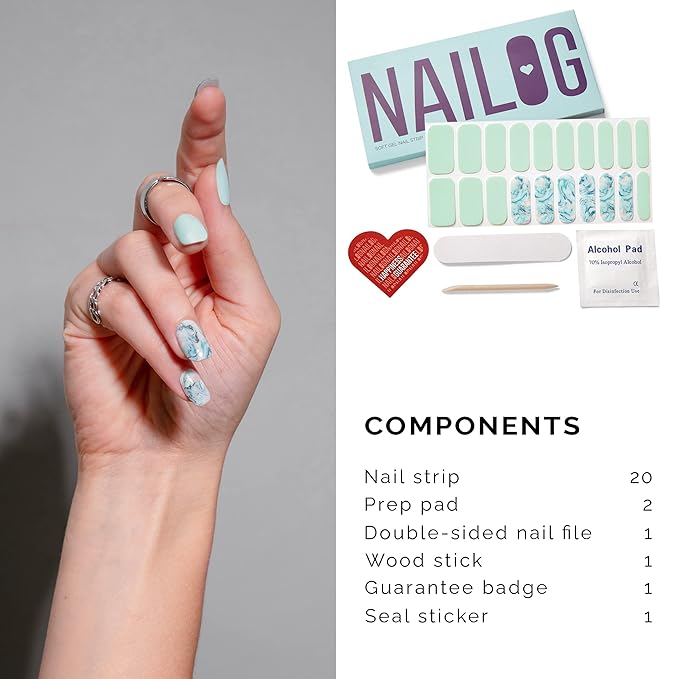 NAILOG Semi Cured Gel Nail Strips (20 Extra Long Polish Stickers/Wraps) │ Glossy & Long Lasting Soft Gel Finishing (Summer Breeze)