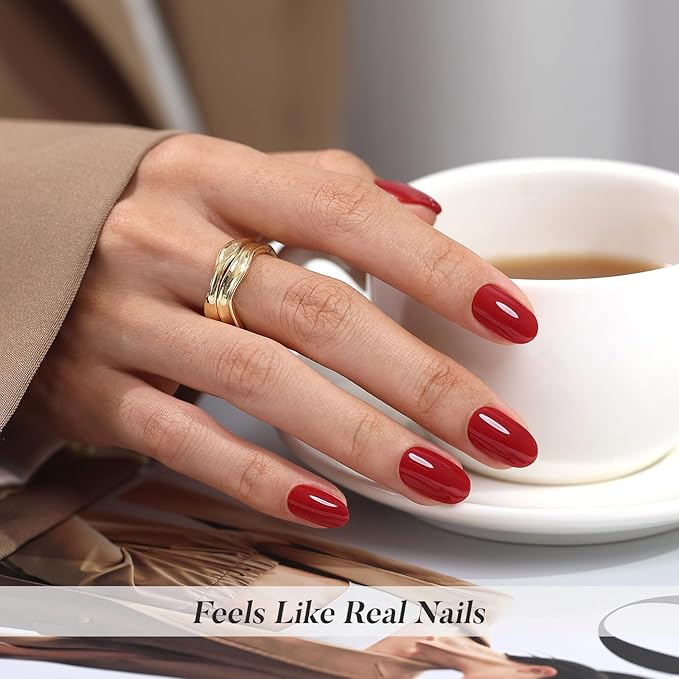 Red Press on Nails Oval for Women Gift - SHANGMENG Soft Gel Press on Nails Short with Glue, Fit Perfectly & Natural Glue on Nails in 16 Sizes - 32 Reusable Fake Nails, Cherry Red