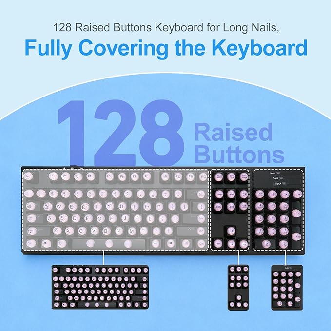 128pcs Raised Keyboard Stickers for Long Nails, Bling Keyboard Bubbles for Women with Letters, Soft Silicone Nail Art Typing Keycaps for Desktops (Pink, 128pcs)