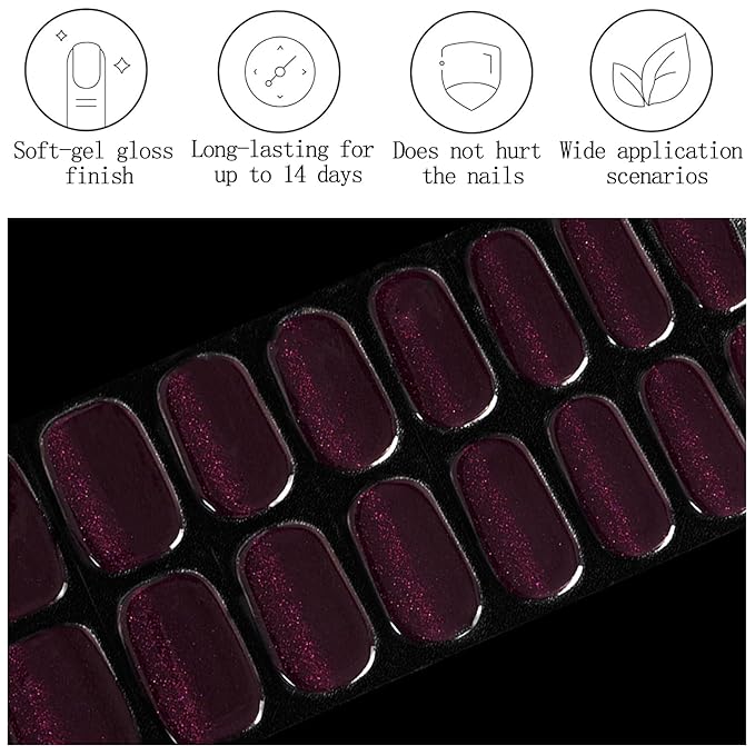 Purple Glitter Semi Cured Gel Nail Strips 20Pcs Gel Nail Stickers Polish Nails Wraps UV/LED Light Needed Glossy Nails Polish Strips for Women Includes Prep Pads, File, Wooden Cuticle Stick