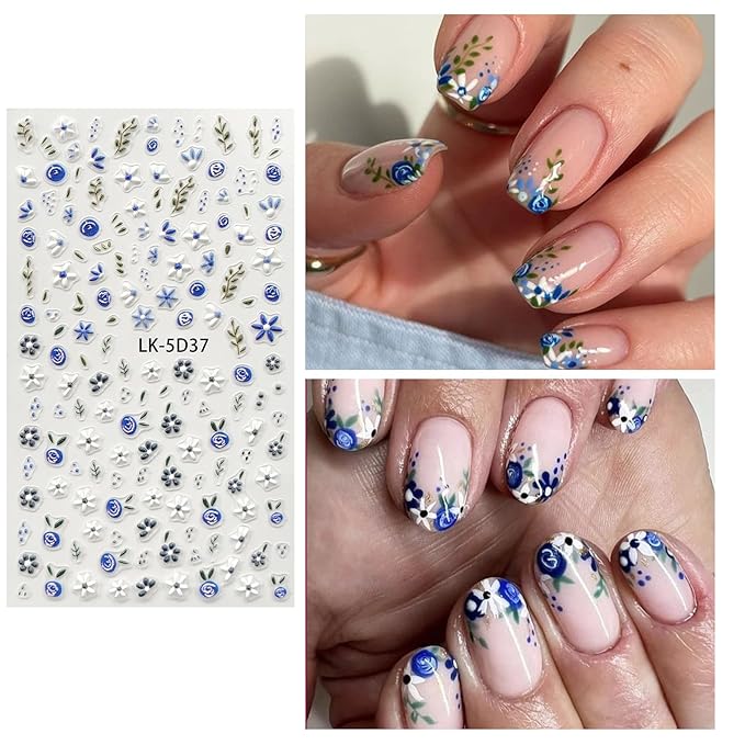 Flower Nail Art Stickers 5D Embossed Flower Nail Decals Spring Summer Blue Flowers Nails Design 3D Self-Adhesive Accessories for Women Nails DIY Decoration(5 Sheets)