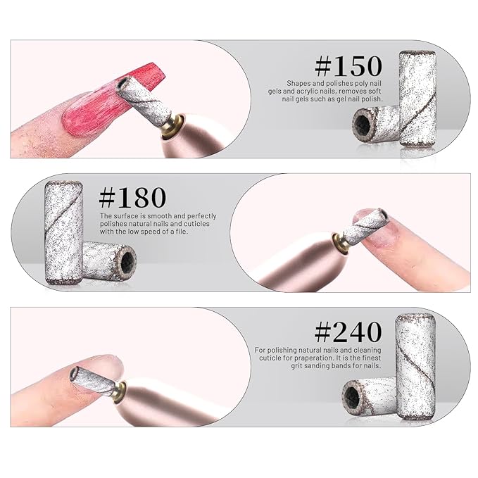 BLESWIN 100pcs Small Sanding Bands with Upgraded 3mm Mandrel Bit, 150 Grit for Acrylic Nail, Gel Nail Removing, Professional Nail Sanding Belt for Manicure and Pedicure, White