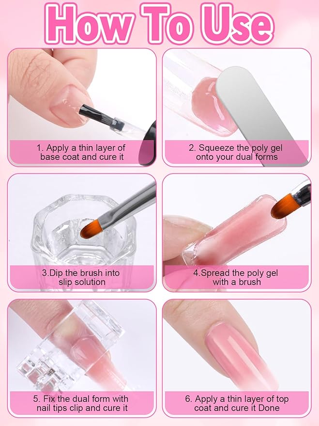 EBANKU Poly Gel Slip Solution for Nails - Anti-Stick Slip Solution for Builder Gel Nails, Brush Clean Liquid with Dual-Ended Nail Brush, 3PCS Nail Clips for Beginners & Home Salon, 2.5oz