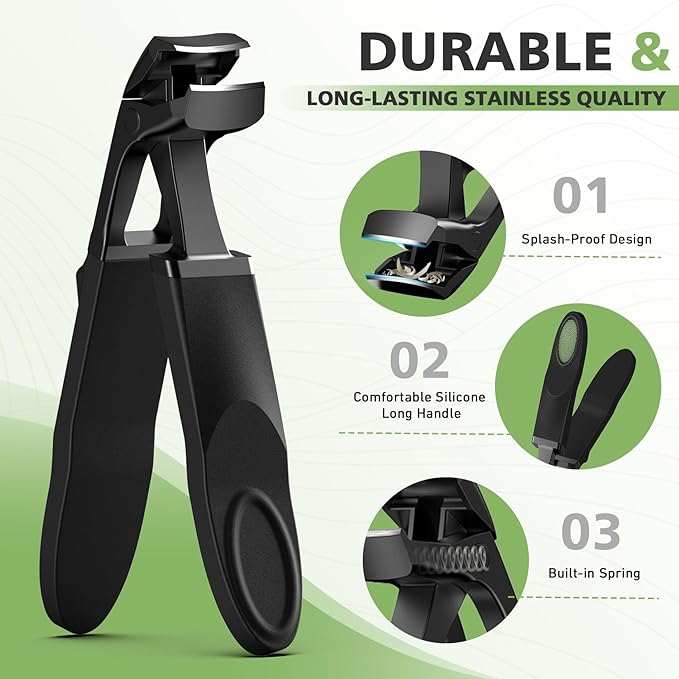 BALUCA Angled Head Toenail Clipper for Seniors with Wide Jaw Opening – Large Curved Nail Clipper for Thick Nails with Catcher & Splash-Proof Design,Black
