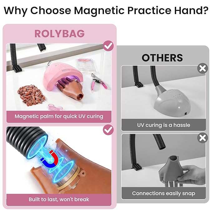 Rolybag Practice Hand for Acrylic Nails, Flexible Nail Practice Hands, Mannequin Hand for Nails Kit for Beginners, Movable Fake Hand with 200PCS Replacement Nail Tips