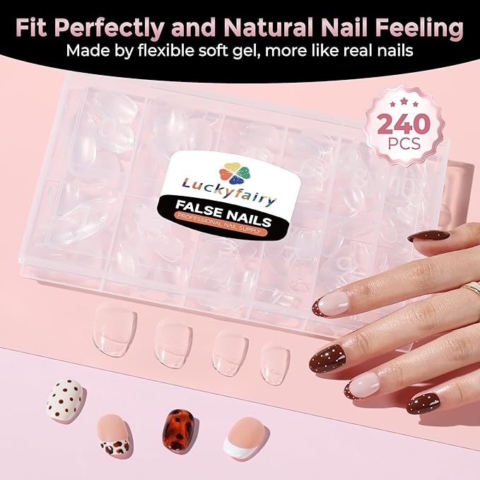 Short Oval Round Nail Tips - 240 Pcs Half Matte Clear Gel Acrylic Nail Tips Full Cover Soft Gel Short Oval Press On Nails Pre-Shaped For Nail Extension Art DIY Salon 12 Sizes