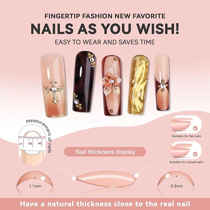 Brown Flower Press on Nails Long Square-Handmade Nails with 3D Chrome Gold Floral Rhinestones Designs Leopard French Tip Fall Nail, Autumn Winter New Year Fake Nails for Women, 24PCS