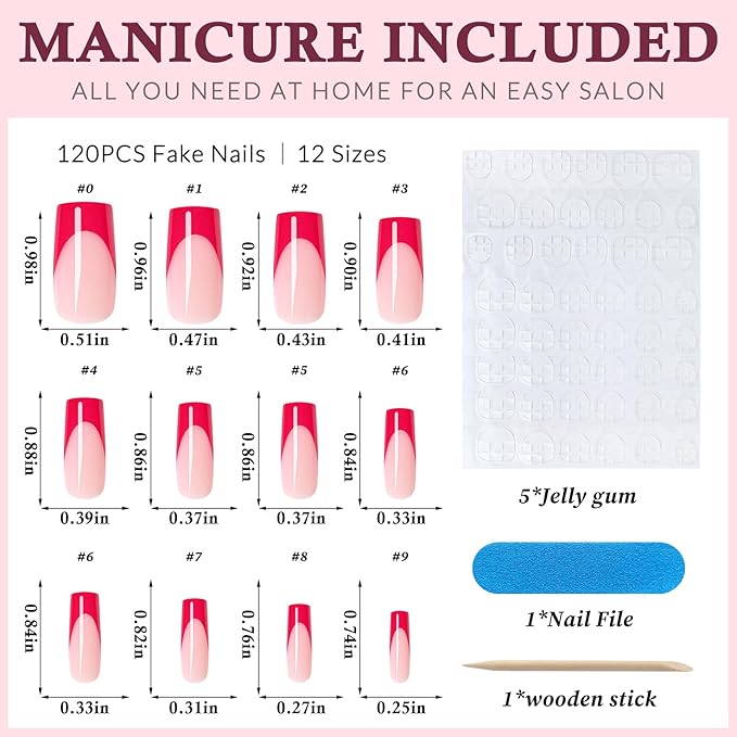 120PC Red French Tip Press on Nails Medium Fake Nails Press ons with 5*Adhesive Tabs, Pink Square Acrylic Nail Press on Nail French Tip Nails False Artificial Fingernails Stick on Nails-D