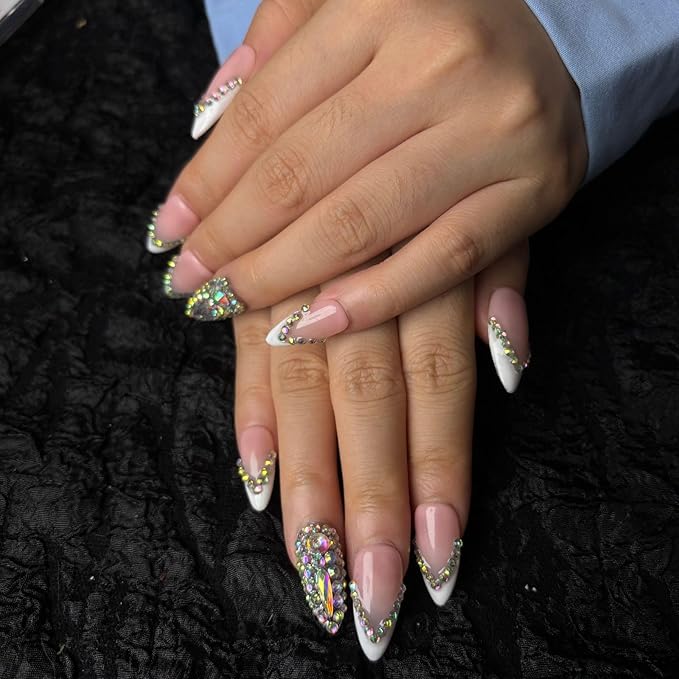 AKA Unicron French Tip Press On Nails Short Almond Handmade Acrylic Fake Nails Press Ons with Shining Rhinestones Charm Design,Nail Charm Nature Lasting Stick On Woman Fingernails