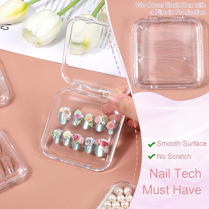 SHENLIU 50 Pack Press On Nail Packaging Box, 3 x 3 Clear Press on Nail Display Case, Acrylic Fake Nails Storage Box with 120 Adhesive Nail Tapes for Nail Display Nail Salon Supplies Nail Art Business