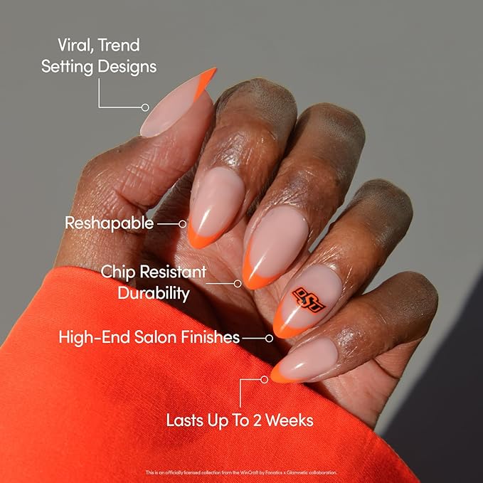 Glamnetic x Fanatics Press On Nails - Oklahoma State Cowboys | Short Almond Fake Nails, Collegiate Cowboys Orange French Tips, College Nails, Salon-Quality | 15 Sizes - 30 Nail Kit with Glue