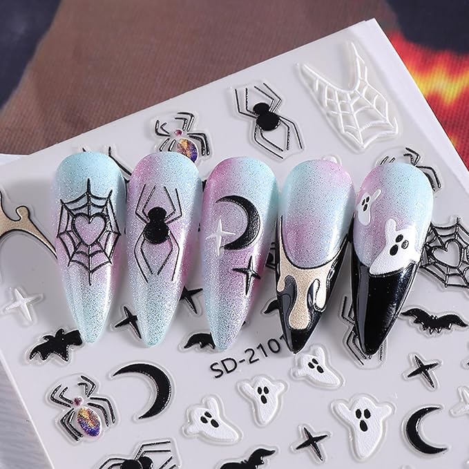 Embossed Halloween White Ghost Nail Stickers Decals Black Spider Web Bat Nail Art Sticker Decal Blood Drop Nails Sticker Self-Adhesive Spider Nails Decal for Women Halloween Decor