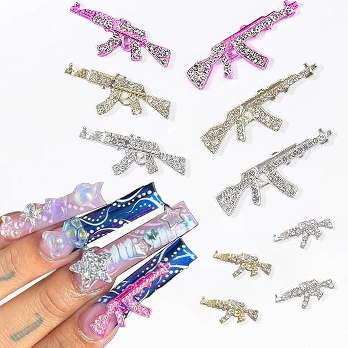 30PCS Gun Nail Charms for Acrylic Nails,Gold Silver Alloy Nail Art Decoration, Nail Stones Nail Jewels Accessories for Nail Art Supplies Manicure Craft DIY