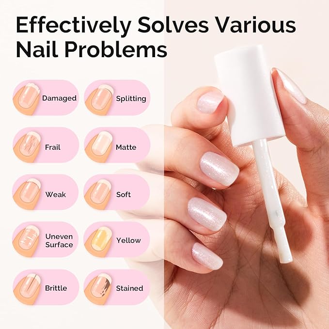 MelodySusie Nail Strengthener and Growth Treatment, 2-in-1 Ridge Filling Base Coat & Glossy Concealer Polish for Damaged Nail Repair and Healthy Shine,Gifts for Women 15ml 0.5 Fl Oz Sparkling White