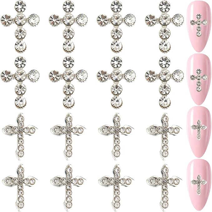 CRASPIRE 40Pcs Cross Nail Charms 3D Y2K 2 Styles Metal Alloy Rhinestone Flat Luxury Nail Gems Set Gothic Vintage Punk Studs Decor for Women Nail Art Crafts DIY Jewelry Christmas Decorations Cellphone