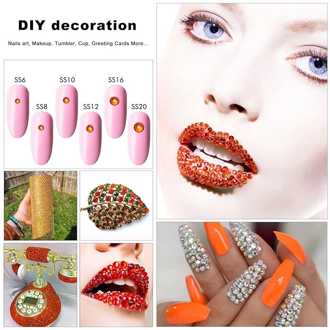 4240Pcs Orange Flatback Rhinestones 6 Sizes Crystal Diamonds for Nail Art Crafts Clothes Shoes with Tweezers and Picking Pen
