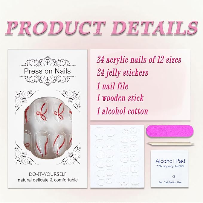 Christmas Press on Nails Short Oval MABKJLF Fake Nails False Nails with Bow Stripes Pearlescent Designs Glossy Glue on Nail Winter Full Cover Acrylic Nails for Women Girls 24Pcs
