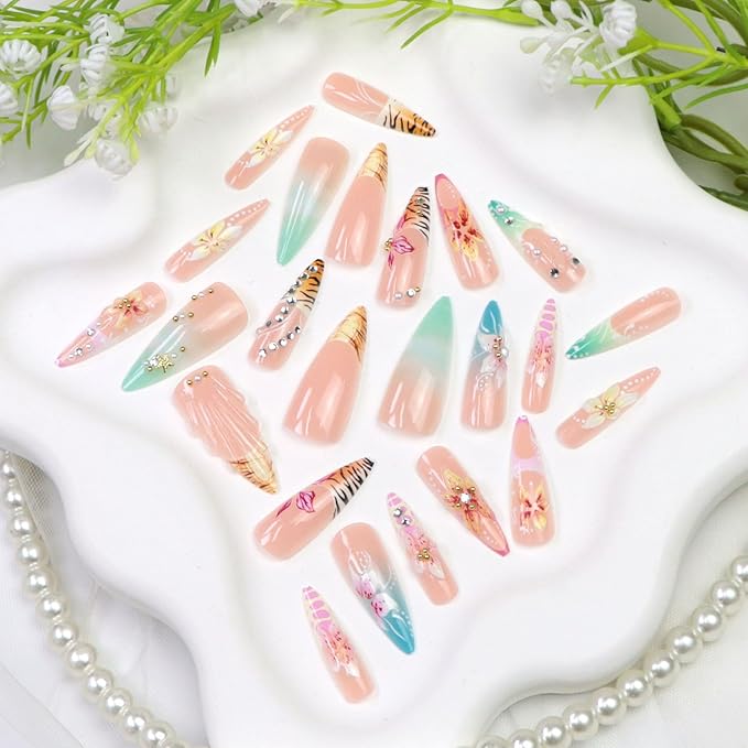 Flower Press on Nails Long Stiletto Fake Nails Press ons with Flower Rhinestone Leopard Print French Designs Acrylic Blue Pink French Glue on Nails for Women 24 Pcs