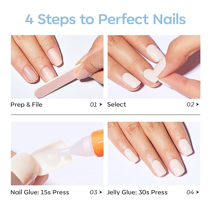Modelones Extra Short Press on Nails, Squoval Fake Nails, Reusable Nail Kit with Nail Glue Adhesive Tabs Mini Nail File, Nails Press Ons 32Pcs 16 Sizes, Baby Blue, Spring Women Girl Gift