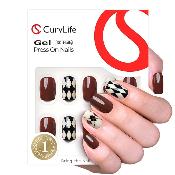 CurvLife Soft Gel Square Press On Nails Short, Long-Lasting Reusable Geometric Brown Black Fake Nails Kit with Glue, 30pcs Salon-Quality Stick On Nails for Women At-Home Manicure