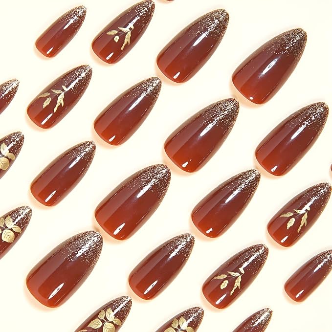 Brown Press on Nails Almond Fake Nails Medium Nails Press Ons with Gold Glitter Design Gold leaf False Nails Glossy Glue on Nail DIY Acrylic Stick on Nail for Women Decorations Set 24Pcs
