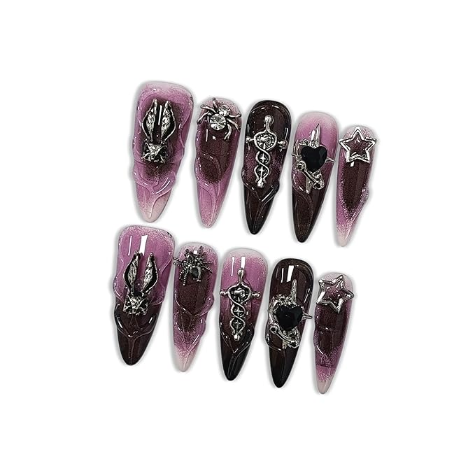 Y2K Punk Press on Nails with Tools Kit, 10pcs Long Stiletto Glossy Black & Pink Gradient Nails, Silver Studs, Black Rhinestones & 3D strips, Edgy Style for Concerts & Night Events (Size XS)