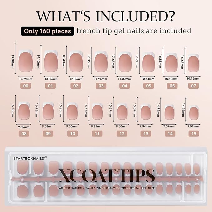 BTArtboxnails XCOATTIPS French Tip Nails, 160pcs Short Square Brown French Tip Press on Nails, French Tip Gel Nails for DIY Nail Art