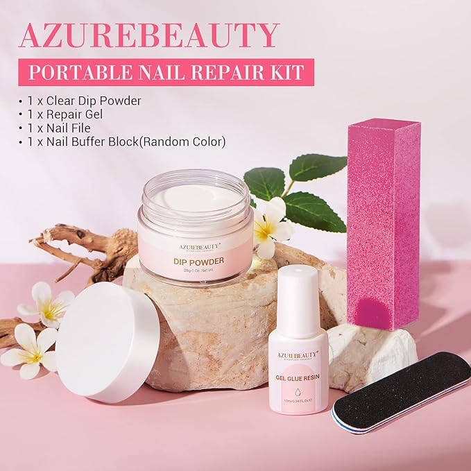 AZUREBEAUTY Nail Repair Kit Transparent Crystal for Broken Cracked Split Weak Nails, Ideal Solution Emergency Easy Quick Fix Dip Powder 28 g 1 Oz Quick-Drying Repair Glue 10 ml Nail File Nail Buffer