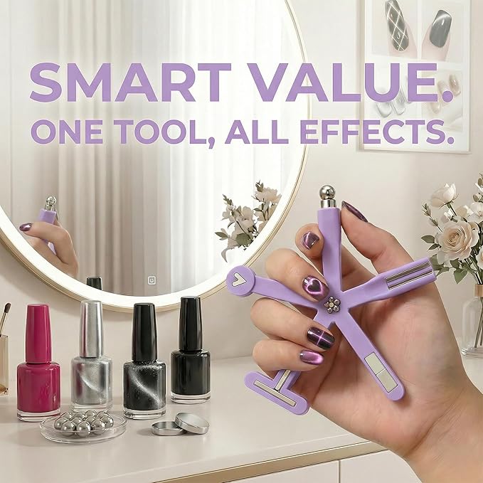 8 in 1 Cat Eye Magnet, Nail Magnets for Cat Eye Gel Polish, Cat Eye Tools for Nails with Steel Ball, Multifunctional Nail Magnet for Nail Salon Home DIY (Purple)