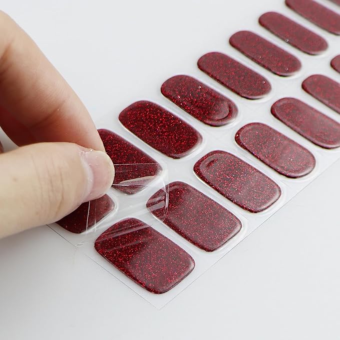 JMEOWIO Gel Nail Stickers Dark Red Glitter Christmas Semi Cured Gel Nail Strips Wraps UV/LED Nails Art Design Decoration Accessories
