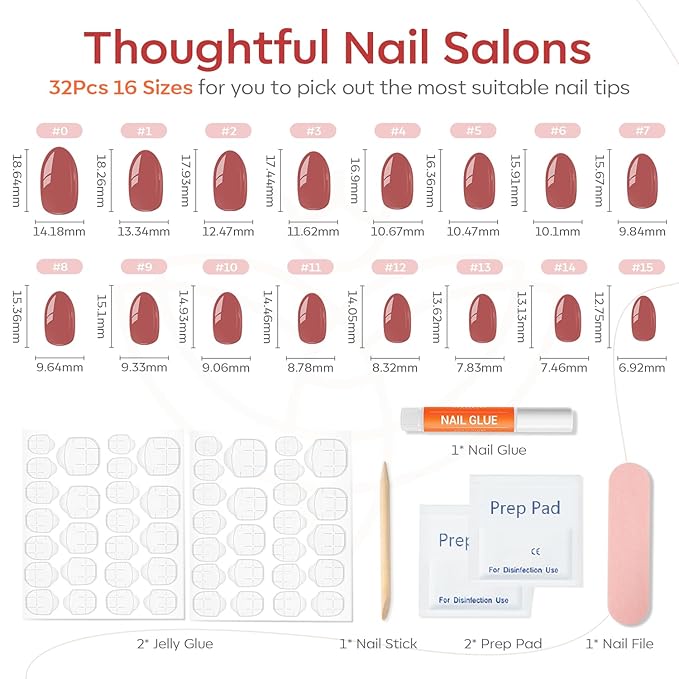 modelones Pink Short Press on Nails, Spring Oval Fake Nails Kit Press Ons with Nail Glue, Adhesive Tabs, Nail File, Prep Pad, Manicure Stick, 32Pcs 16 Sizes, Women Girl Gift