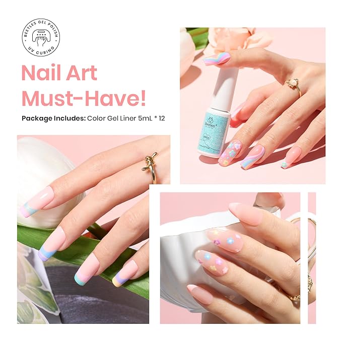 beetles Pink Gel Liner Nail Art 12 Colors Gel Nail Polish Summer Blue White Glitter Painted Soak Off Uv Lamp Art Nails Red Yellow for Thin French Line Nails Manicure Gift for Women