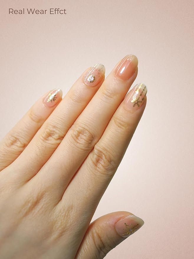 Real Gel Nail Strips (No UV Light Needed) - 44Pcs Salon Quality Nail Stickers - Long Lasting Polish Wraps for Women, Easy Apply & Remove (Cosmic Shimmer Nude)