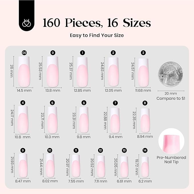 Beetles French Tip Press on Nails Long Square Salon Quality, White French Pink Gel Nail Tips 15 Sizes, Etch X Pre-Primer No Need to File Tips Soak Off Acrylic Nails Extensions DIY Nail Art for Women