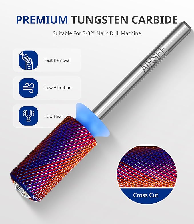 AIRSEE Tungsten Carbide Acrylic Nail Drill Bit Super Cut Bit Efile Electric File Machine Head Tip for Manicure Polishing Art Remove Gel Professional 3/32" Beginner Safety Crystal Top Barrel Medium