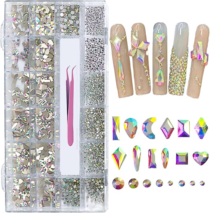 6080PCS AB Rhinestones for Nails, Nail Gems with Special-Shaped Diamonds, 3D Decorations Flat Back Stones Gems Set, Acrylic Nail Mix Sizes Nail Charms(Tweezers Included)