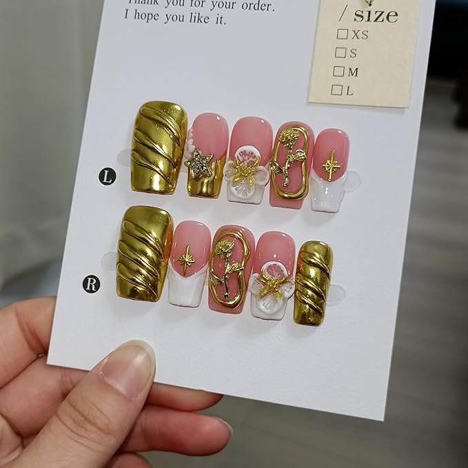 Luxury Handmade Press on Nails Medium Long Square,Sheer French Tips White Gold Fake Nails For Women Girls,3D Rose Embossed Glossy False Nails for Parties Daily Vacations(S)