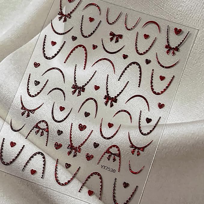 5D Embossed French Tip Nail Stickers for Nails Self-Adhesive Art Valentines Day Nail Art Stickers Cute Nail Decals with Black Red French Line Bow Heart Designs Manicure Decorations for Women 2 Sheets