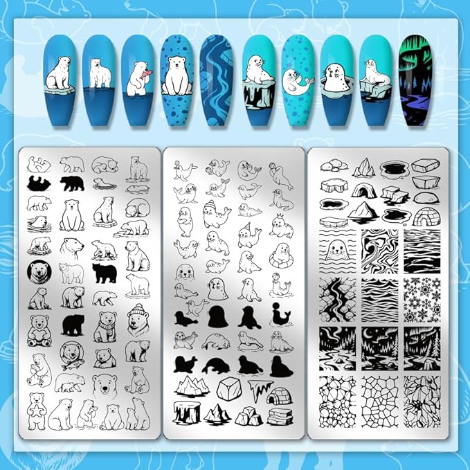 PH PandaHall 3pcs Polar Animal Nail Stamping Plates Seal Nail Art Stencils Polar Bear Nails Image Plates Glacier Nails Stamper Plate Aurora Manicure Art Templates for Women Manicures Salon Design