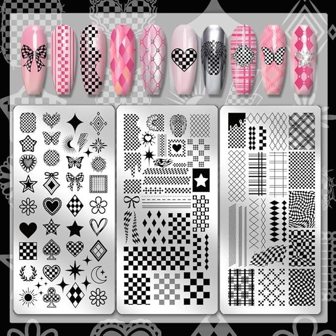 PH PandaHall 3pcs Plaid Nail Stamping Plates Checkerboard Nails Art Stencils Tartan Nail Art Templates Hart Star Image Plates for Women Manicures Salon Design