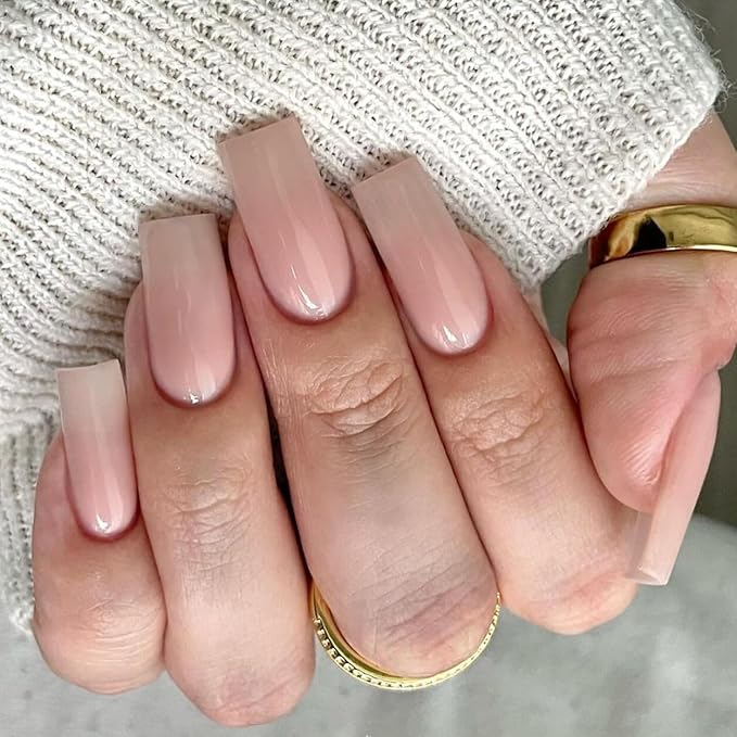 KQueenest Nude Press on Nails Long Medium Square, Natural Nude Fake Nails Medium Coffin, Glossy Sheer Color Acrylic Nails Press ons, Reusable Soft Gel Glue on Nails for Women Summer