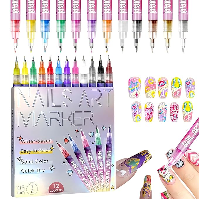 Nail Art Pens Set, Upgrade Nails Art Markers Nail Pens for Girls 0.5mm Quick Dry Graffiti Dotting Point Liner Pens for Home Salon (#B)