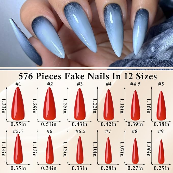 LoveOurHome 576pc Stiletto Press on Nails Long Fake Nails XL Stiletto Glue on Nails Full Cover Acrylic Nail Tips Pointy Nails Press ons Long Artificial Nail Women Girls Halloween Fake Fingernails