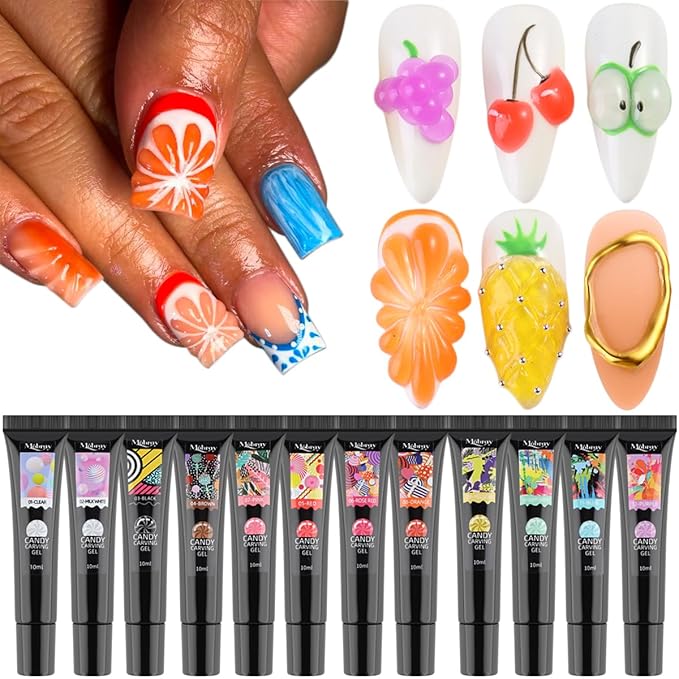 3D Sculpting Gel for Nail Art, 12 Colors Soft Modeling Nail Gels, Embossing Liner Polish, Neon Green Yellow Pink Gel Polish Summer Design, Wire Wave Painting Jelly Gels Manicure Kit