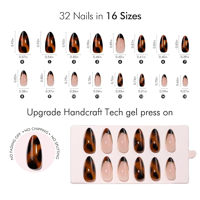 VSALON Press on Nails Medium Almond - Tortoise Shell French Tip Glue On Nails Kit for Women, Opaque Salon Quality Fake Nails - 32 PCS Stick on Nails in 16 Sizes with Glue & Cuticle Oil